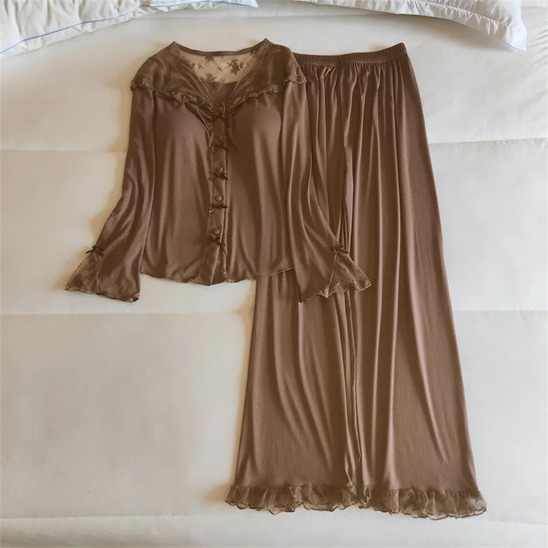 High Quality Women's Pajamas Set Chest Pad Modal Sleepwear Soft Comfortable Home Clothing Long Sleeve Ladies Pijamas De Mujer