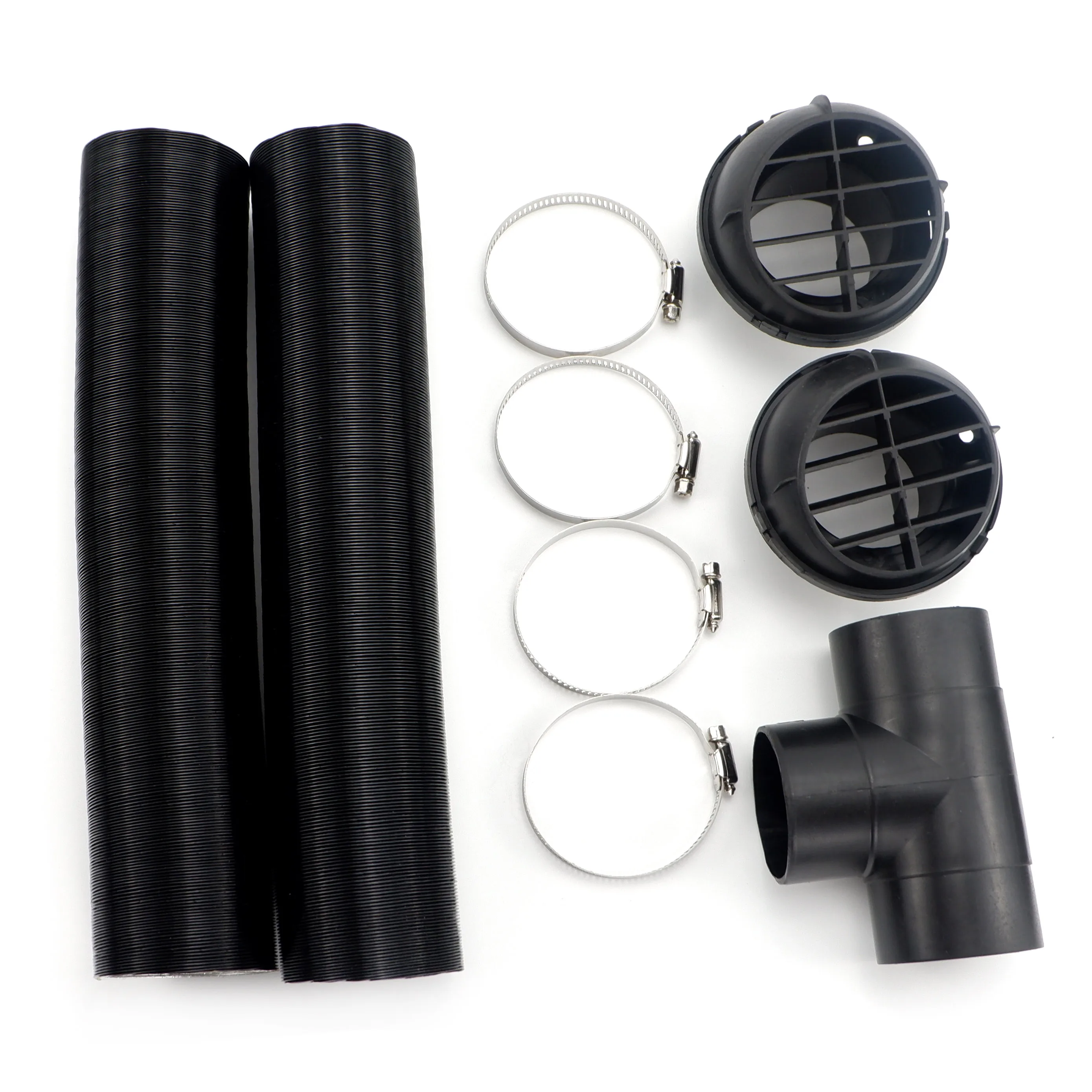 60mm 디젤 히터 T 3 콘센트 커넥터 및 2x 공기 배출구 및 2x 덕트 파이프 따뜻한 검정색 및 4x 클램프 세트 자동차 트럭 밴 캠핑카