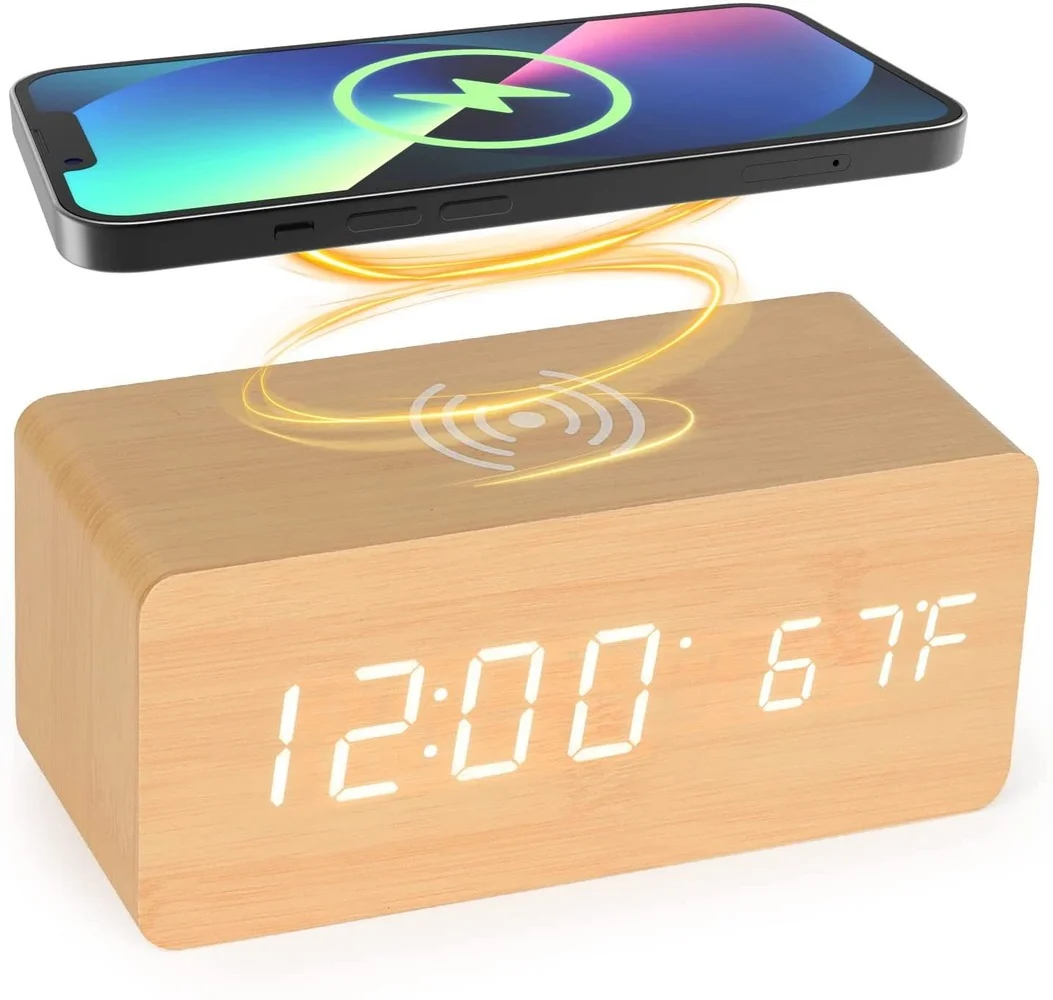 Smart Wireless Charger Led Wooden Digital Electronic Alarm Clock