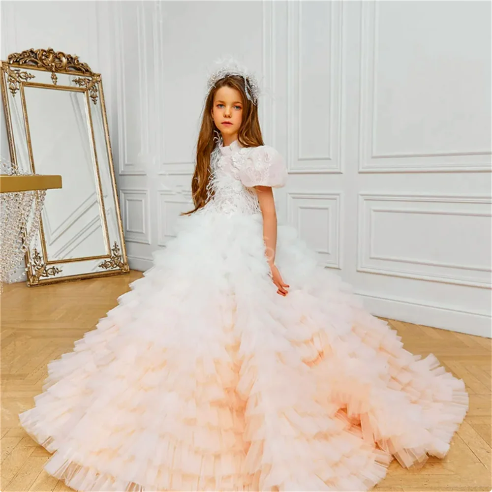 

Gorgeous Fluffy Tulle Lace Layered Printing Flower Girl Dress Princess Ball First Communion Dresses Surprise Birthday Present
