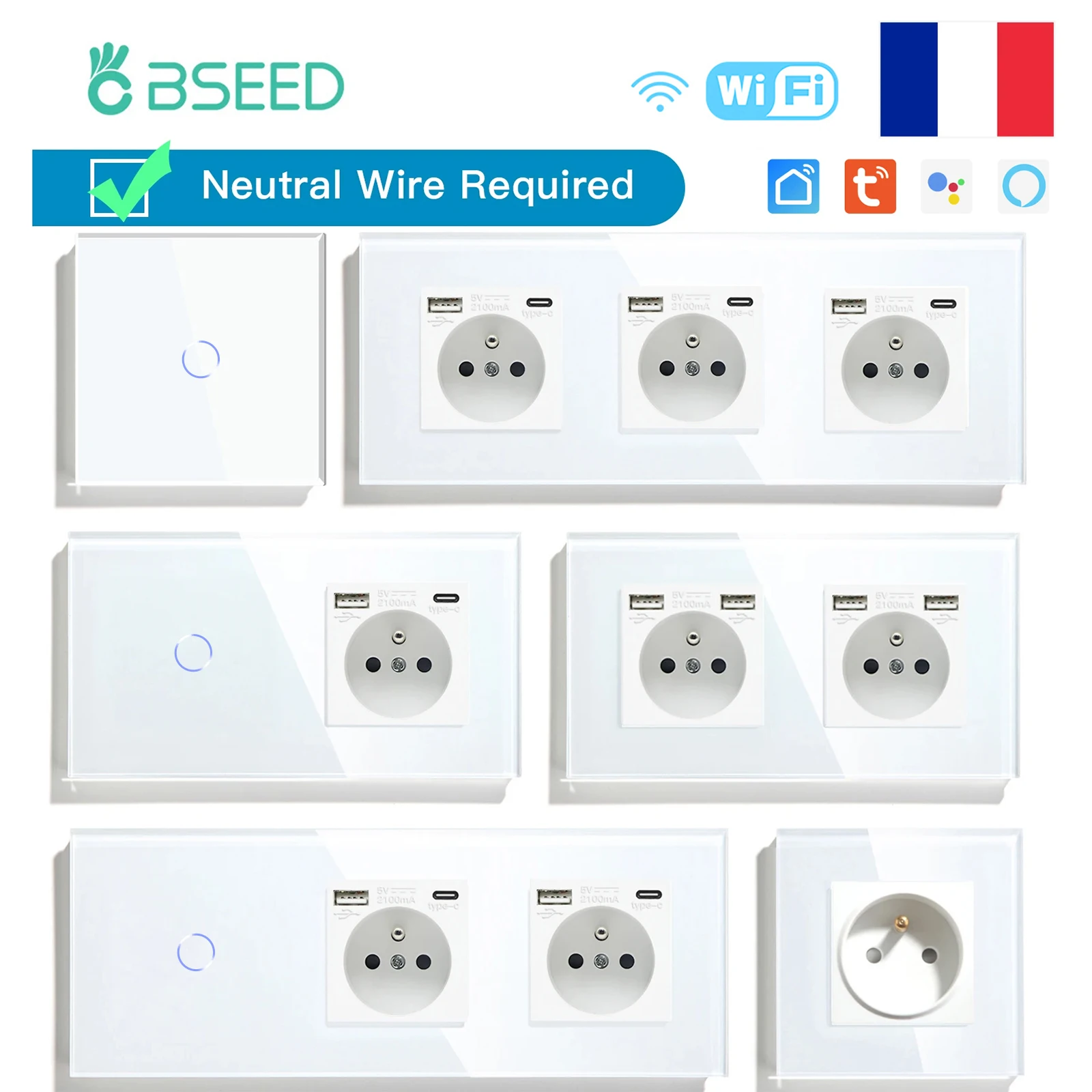 Bseed-interruptores Inteligentes de Luz de Parede 3gang Touch Life App Vidro com Soquetes Franceses Normais Wifi Usb c