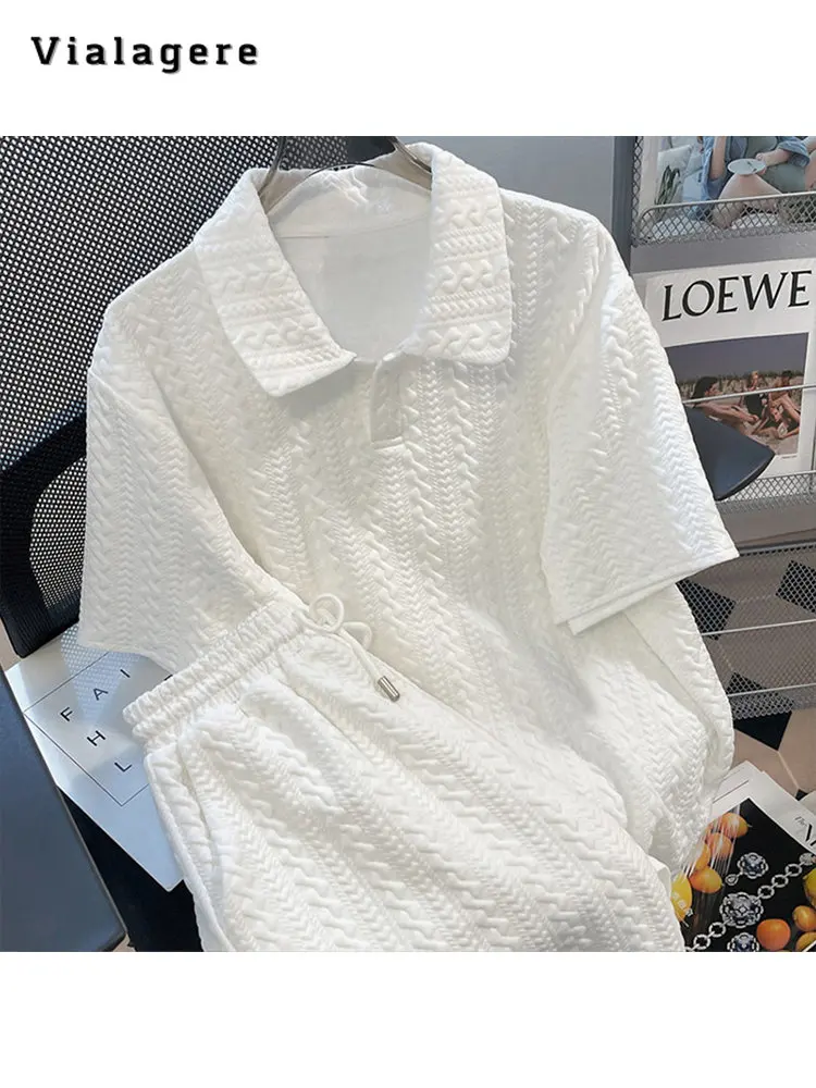 

2023 Summer Solid White Sporty Two-piece Set Women Short Sleeve Turn-down Collar Top + Elastic Waist Shorts Sports Shorts Set