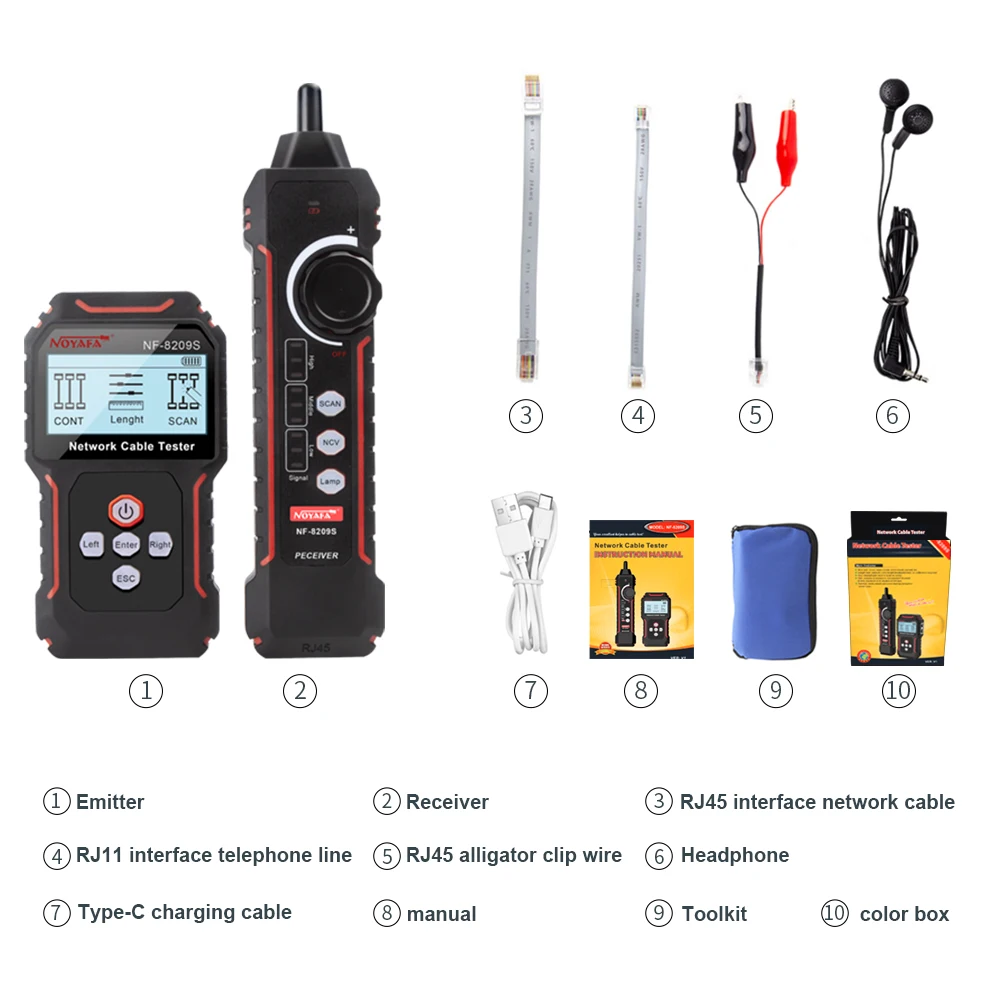 Noyafa-rede Cabo Tracker Nf8209s Lan Medida Tester Ferramentas de Rede Display Lcd Medida Comprimento Wiremap Tester - Imagem 6