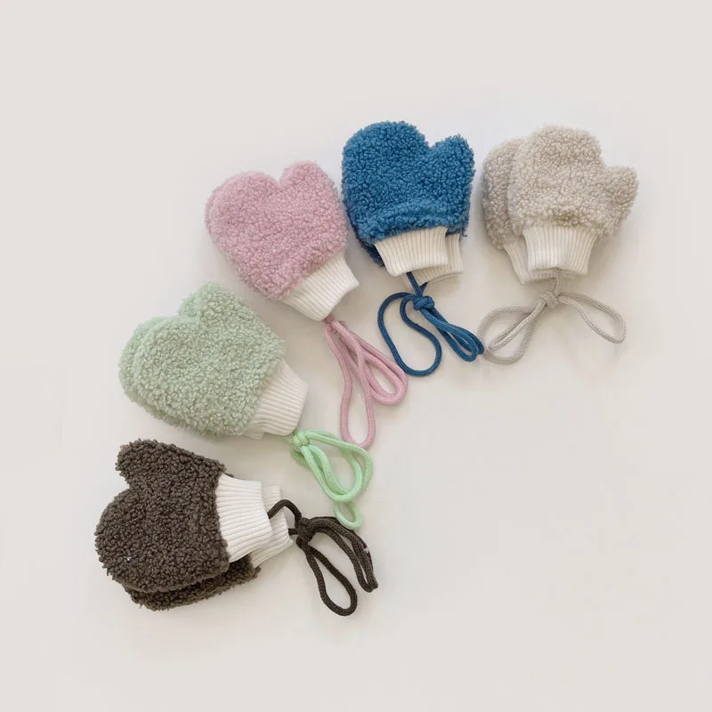 Lamb Fleece Baby Fingerless Gloves Winter Children Thicken Plush Mittens Hanging Neck Gloves 1-4year Boy Girl Kids Hand Warmer