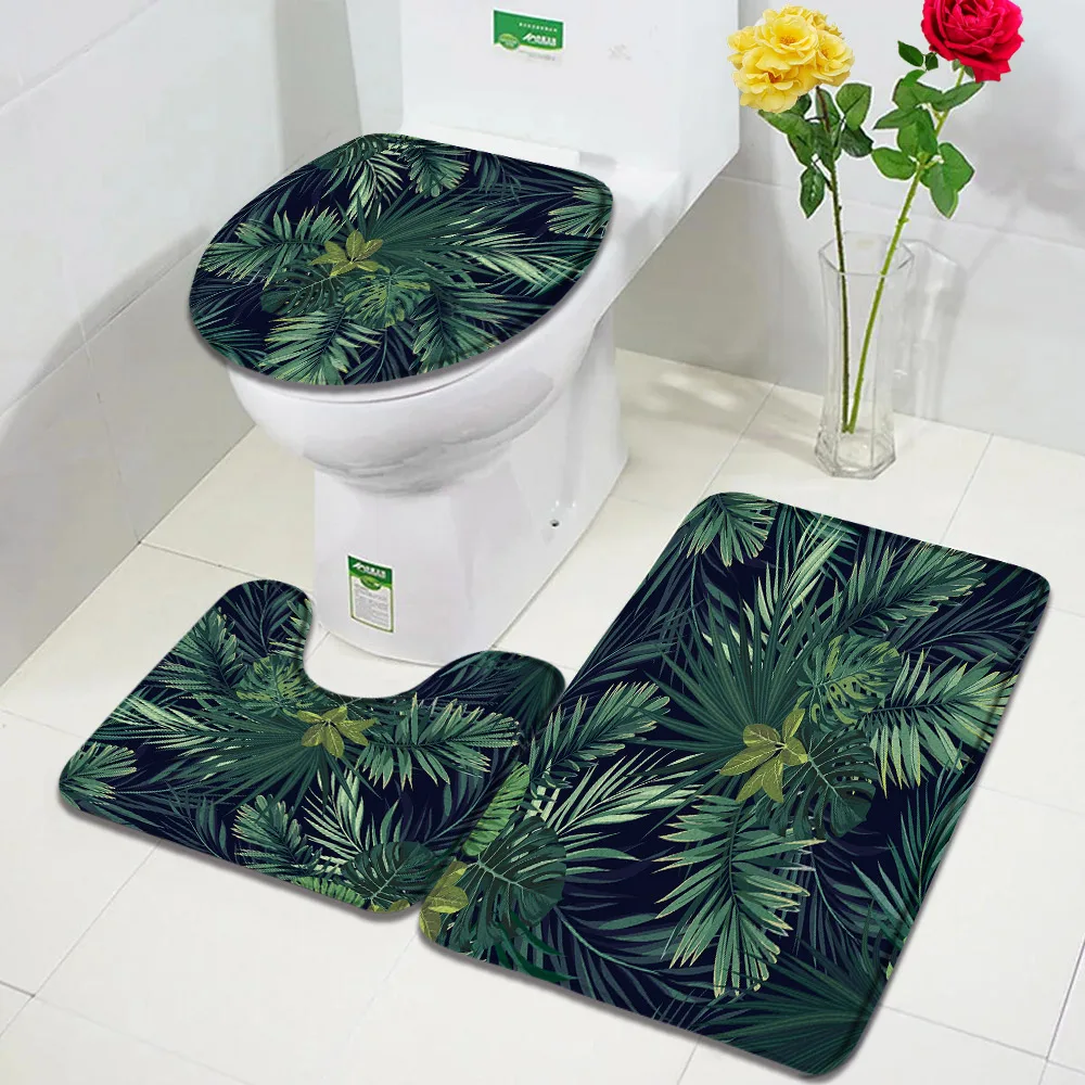 Tropical Leaves Bath Mat Set Green Palm Leaf Monstera Black Carpet Home Bathroom Decor Non Slip Rugs U-shaped Toilet Lid Cover