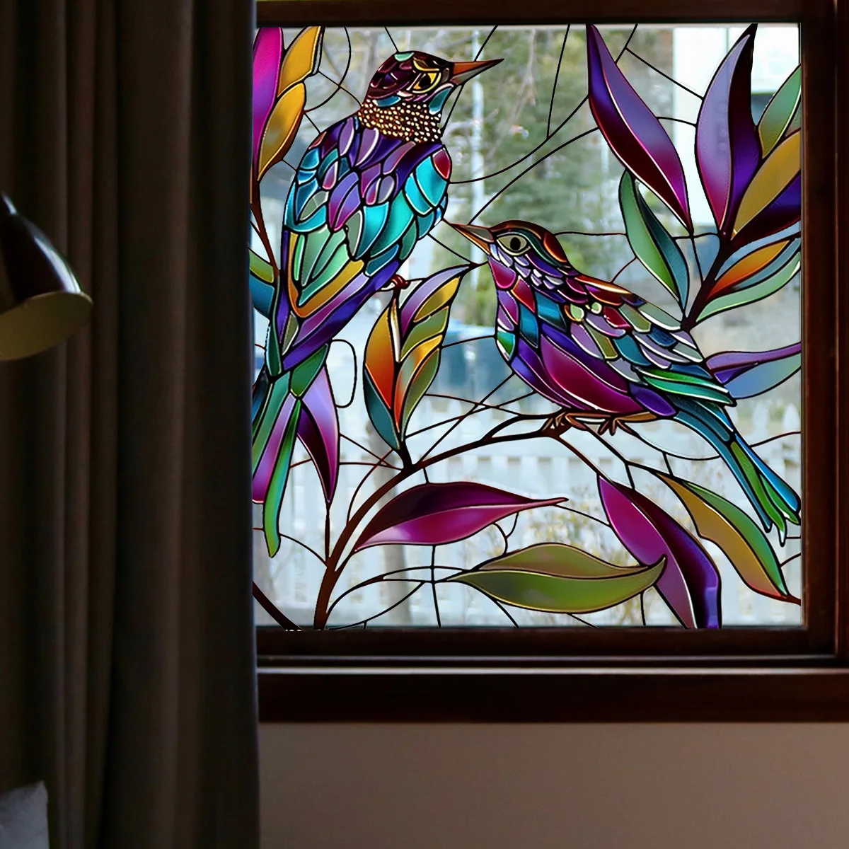 Colorful Hummingbird Leaves Electrostatic Stickers for Window Displays Glass Sticker Double-sided Printing Visible Adhesive Free