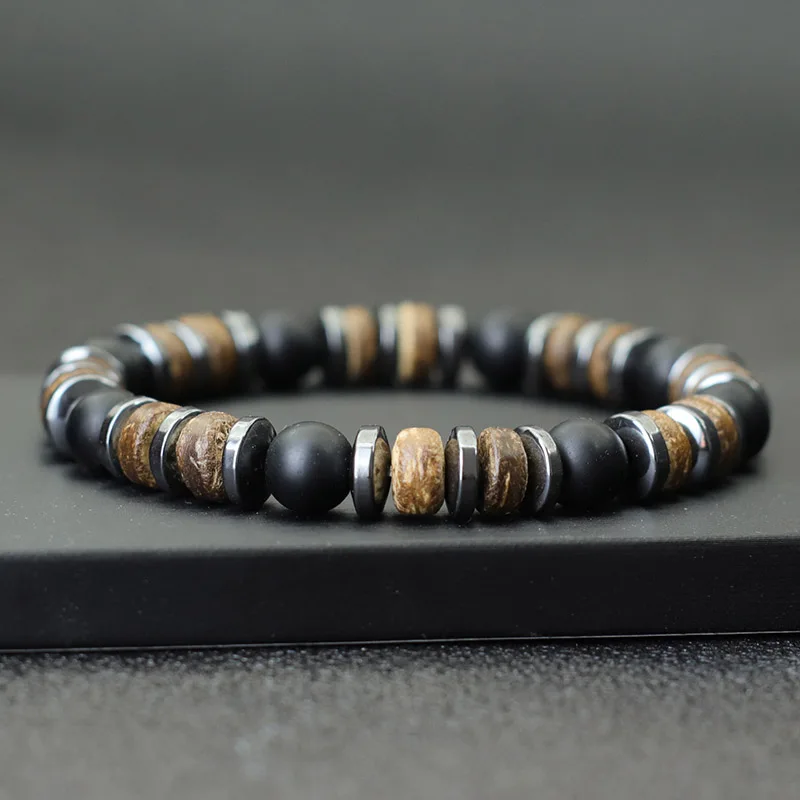 Natürliche Holz Armband Homme Schwarz Hämatit Stein Perlen Armband Männer Zubehör Casual Schmuck Tiger Augen Vulkanische Armband