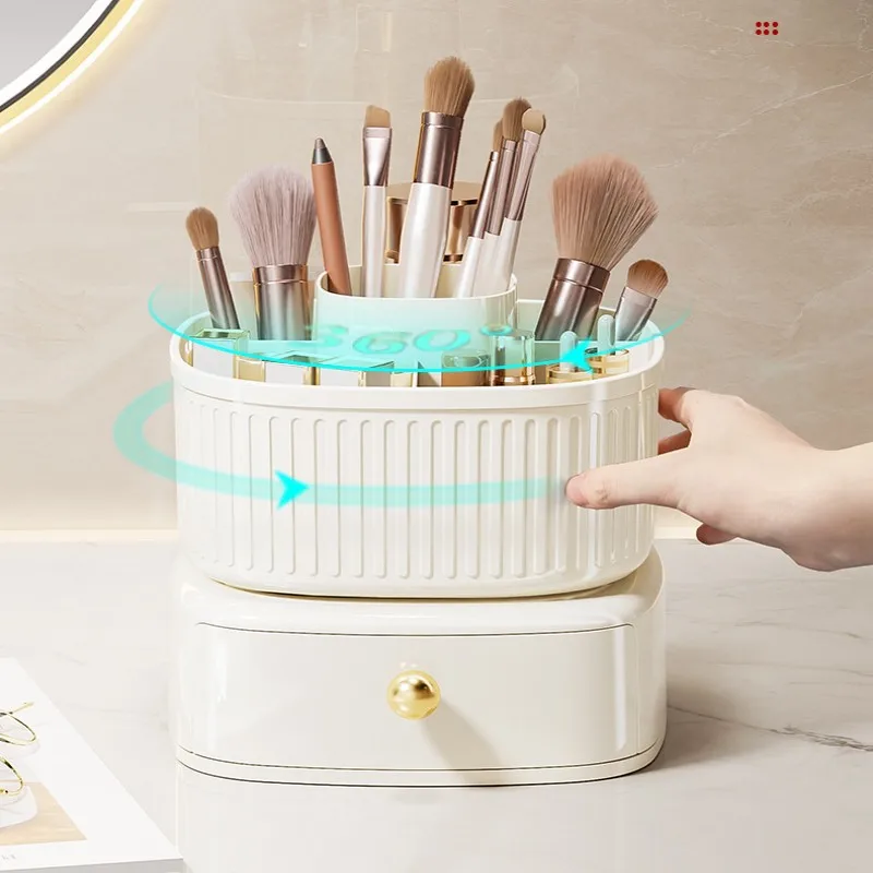 DELUXE Rotating Makeup Brush Holder Wood, Tiered Makeup Brush