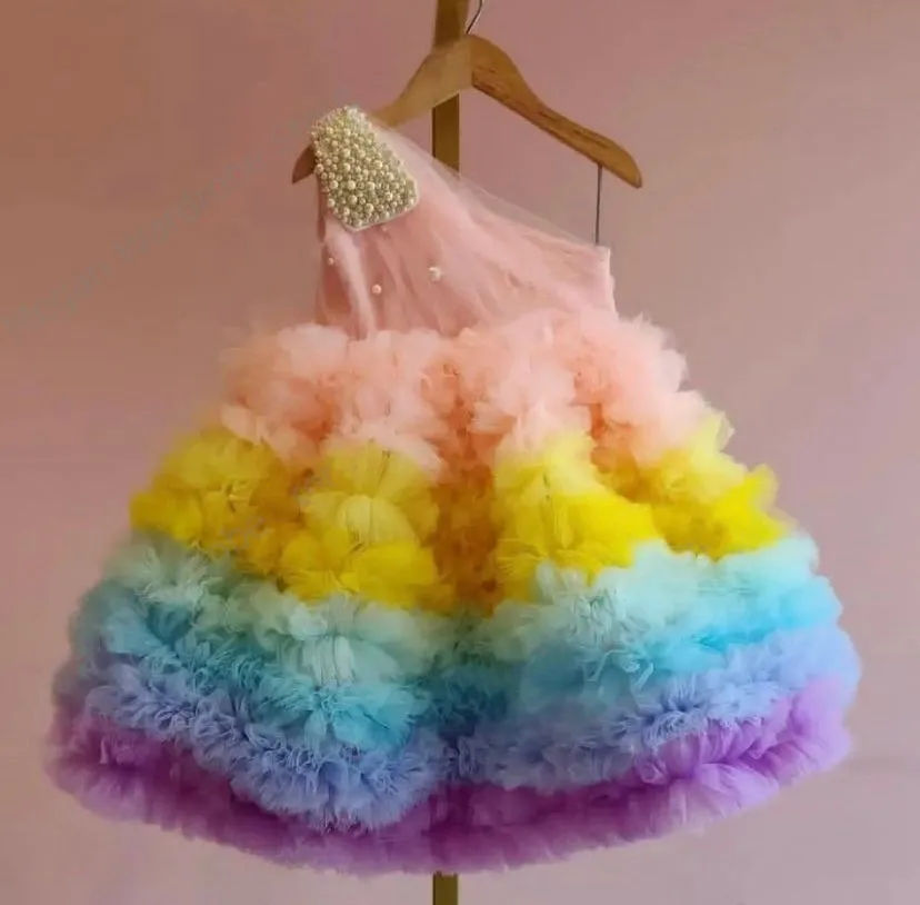 

Colorful Ruffled Pleated Tutu Dress Knee Lengt Girls Beads Tulle Dresses Kids Rainbow Mix Color Children Party Gowns