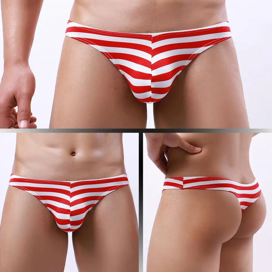 

Men Sexy Underwear Panties Low Waist Brief Striped Comfortable U Convex Thong Breathable Thong Gay String Underpants Male Bikini