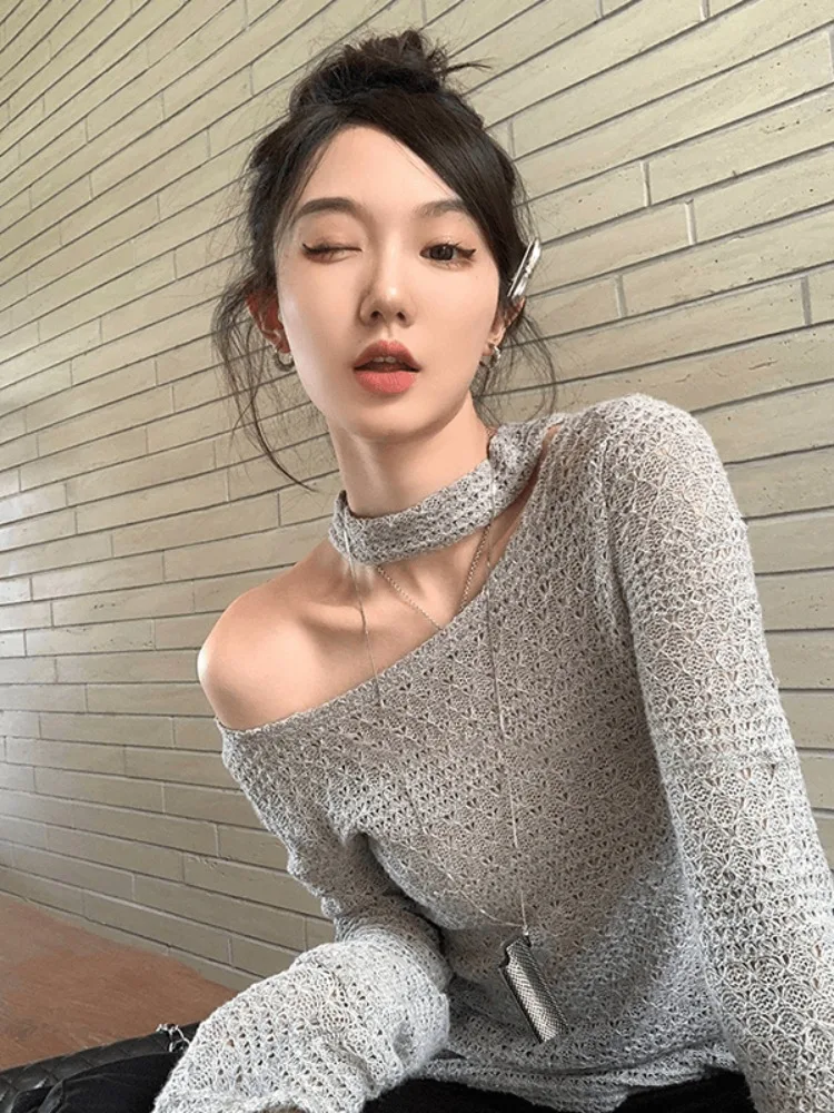 

QWEEK Korean Fashion Off Shoulder Knitted Pullover Women Grunge Y2k Streetwear Pink Sweater Aesthetic Jumper Kpop Pulls Femme