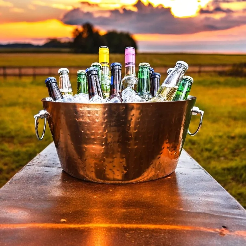 Insulated Rose Gold Double Walled Ice Bucket for Parties, Anchored Wine Bucket/Large Ice Bucket with Handles, Drink Cooler for