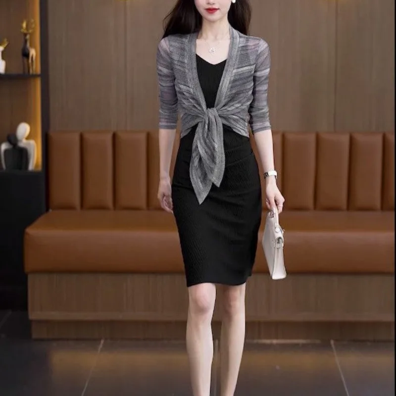 2024 Summer New Korean Ponchos Women's Simplicity Commuter Thin Striped Cardigan V-neck Half Sleeve Gauze Drawstring Slim Coats