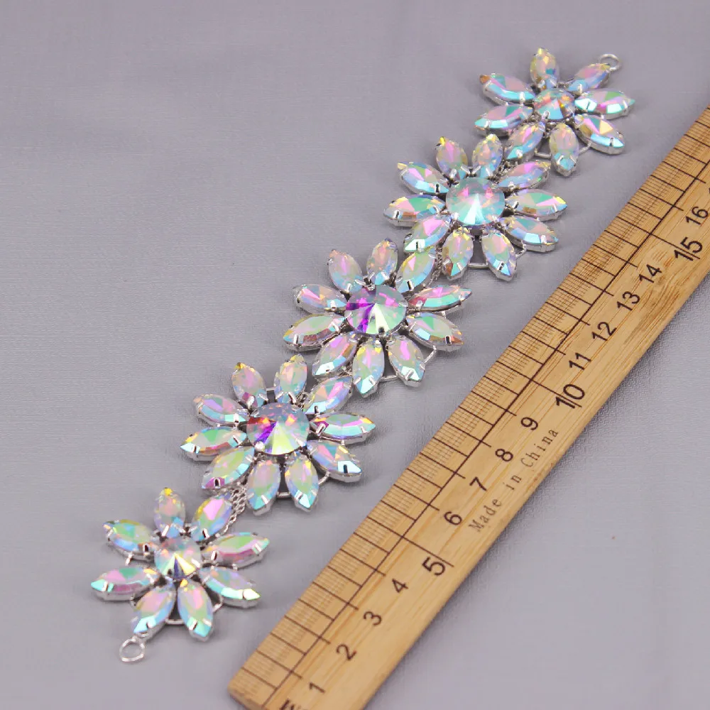 Crystal AB Rhinestone Patch Wedding Dress Decoration Flower Shape Sew On Epaulette Shoulder Tassel Pad Applique