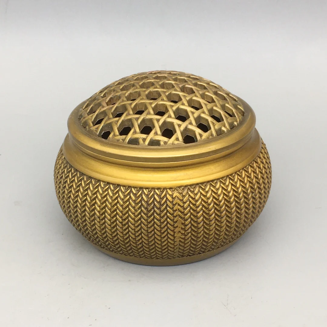 

Exquisite Antique Pure Copper Mesh Cover Grid Incense Burner Ornament