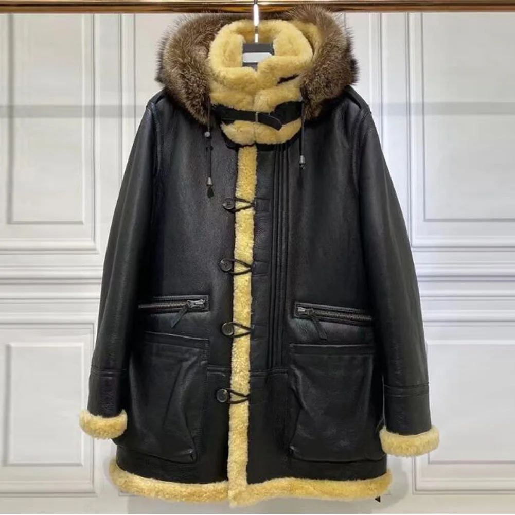 Denny&Dora Mens Shearling Coat Raccoon Fur Collar Sheepskin