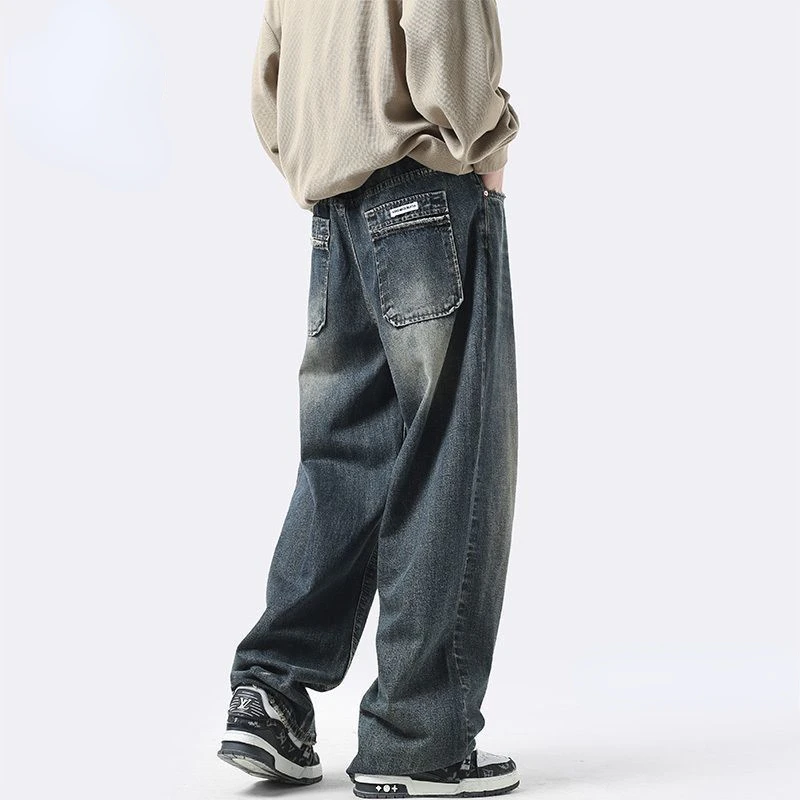 

2023 Solid Color Men Vintage Washed Denim Pants Mens High Street Wide Leg Pants Streetwear Loose Casual Trousers Jeans Men A28