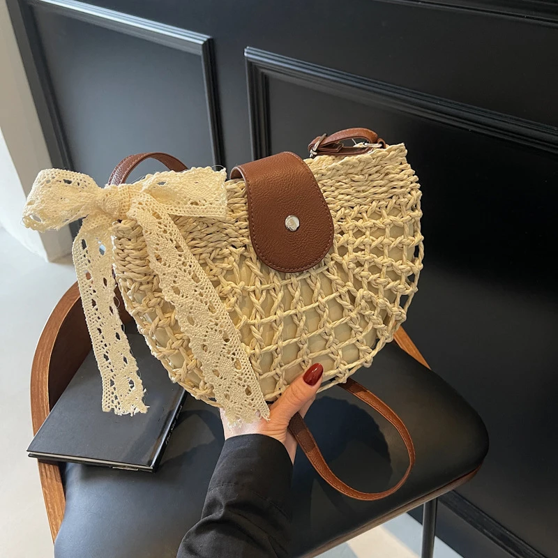 Ladies Hollow Woven Handbag with Adjustable Strap Semicircle Straw Handbag Casual Sling Bag Travel Vacation Commute Bag