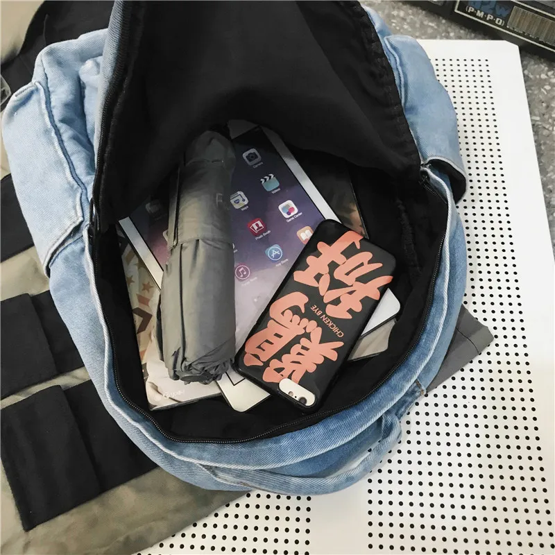 Multifunction Denim Cool Backpack EN257 - Korean Style Blue School Bag