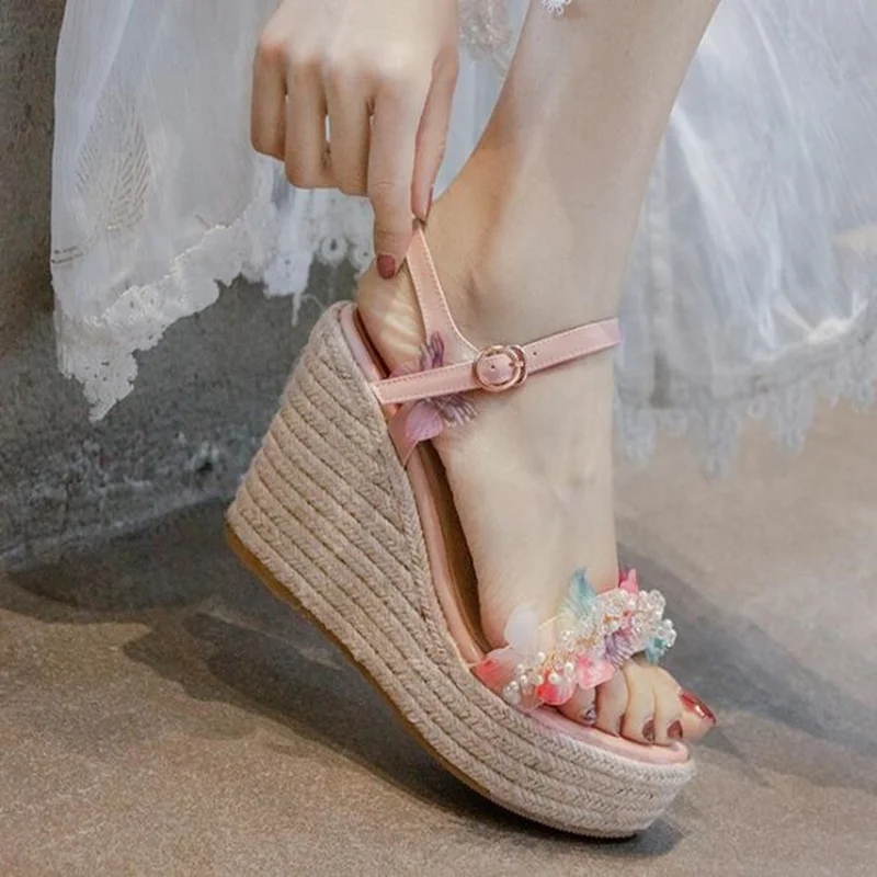 

Summer Sequins Beaded platform Wedge Sandal Open Toe Sweet Rhinestones Ankle Strap Heels Pink PU leather Sandal