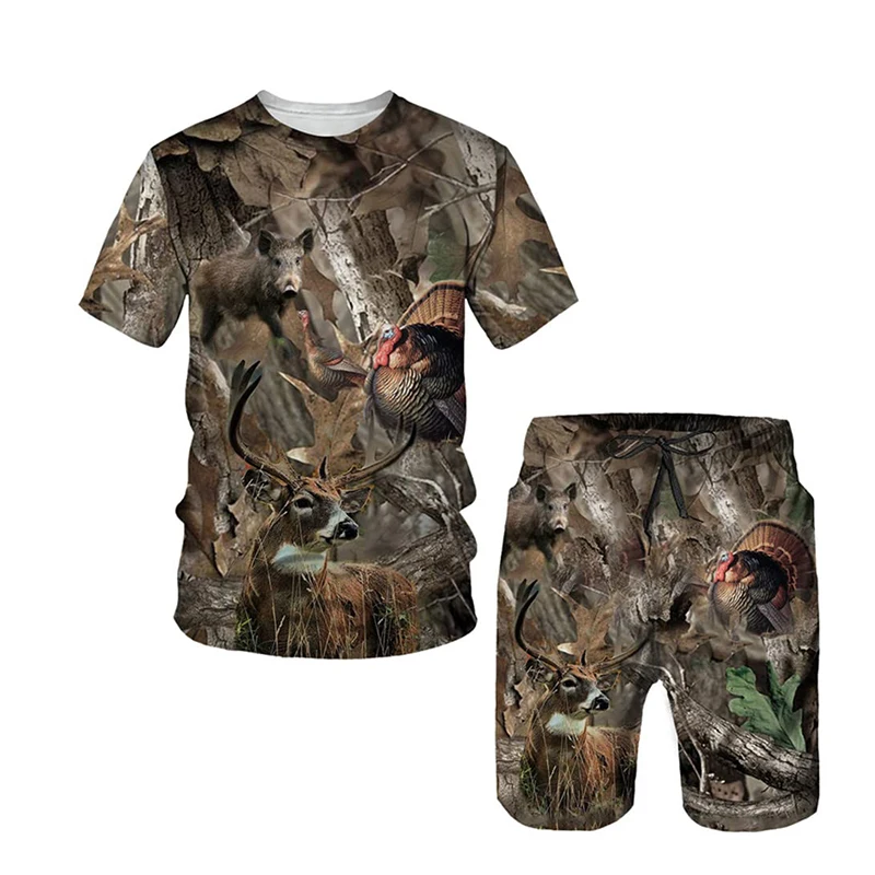 Camouflage Hunting Tracksuit Set Men's Streetwear T Shirt Shorts