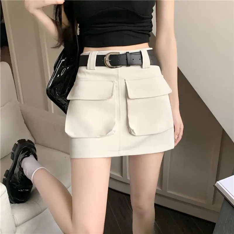 Japan and South Korea Summer 2023 New High Waist Double Pocket Belt A-line Short Skirt Work Dress Half Skirt for Women кархартт к87 футболка с короткими рукавами work pocket белая 994 994