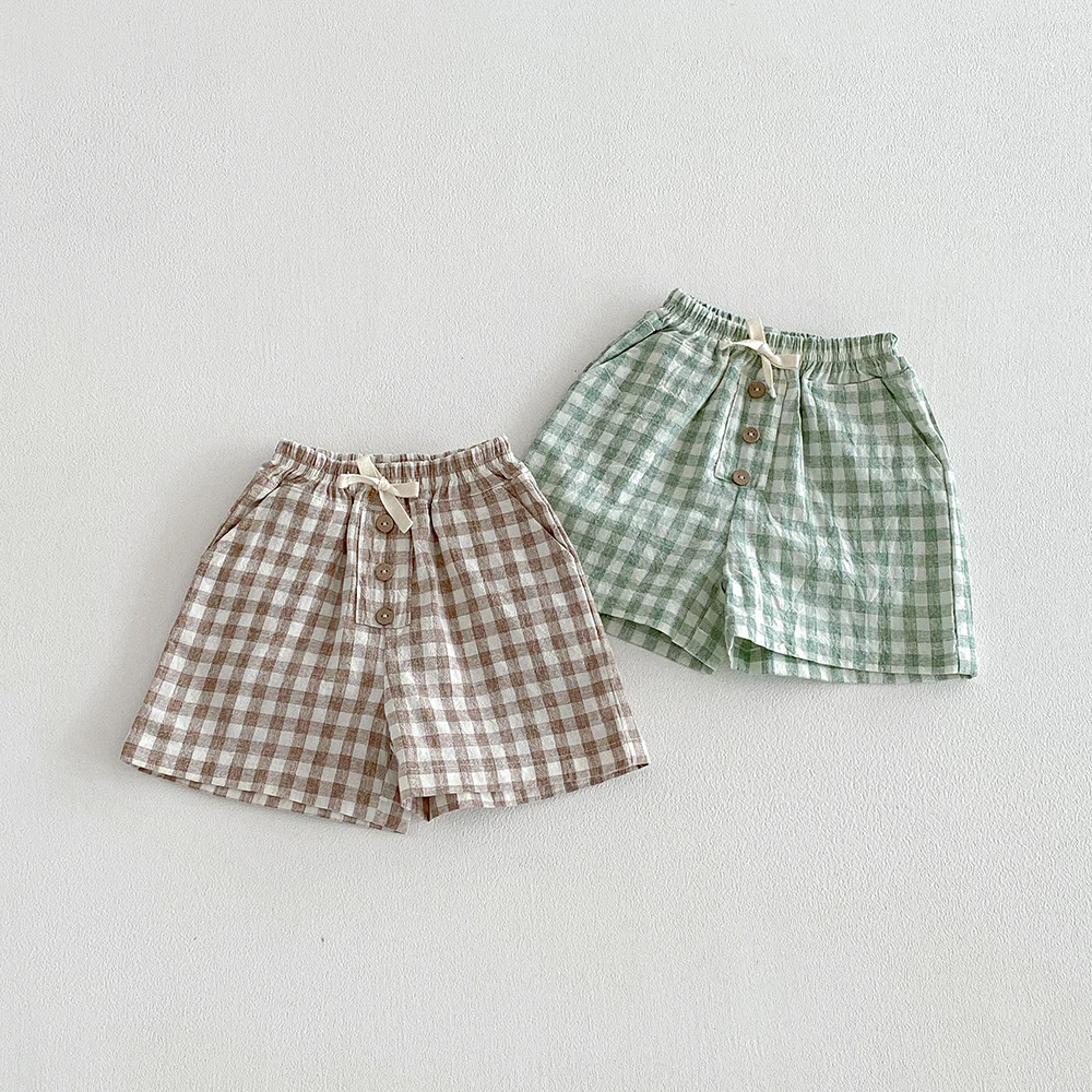 Ropa para Niños, Pantalones Cortos de Lino y Algodón para Niños, Pantalones Cortos a Cuadros de Verano para Niños Pequeñ