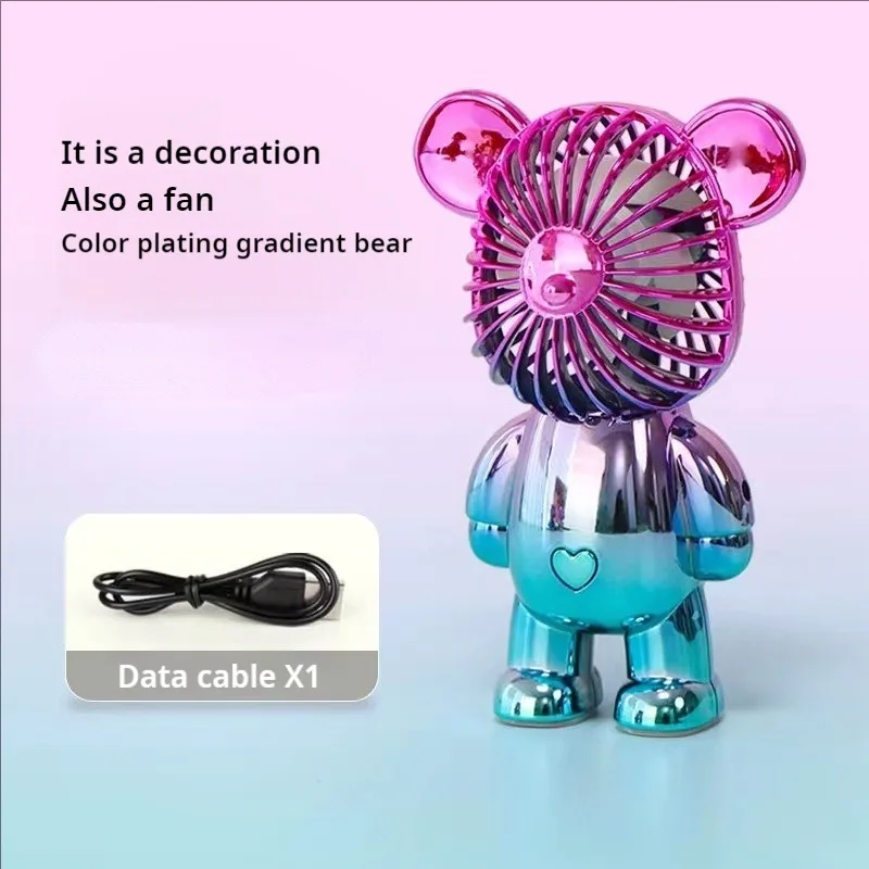 2024 popular cartoon mini violent bear small fan holding a three-speed USB portable rechargeable gradient bear fan 3