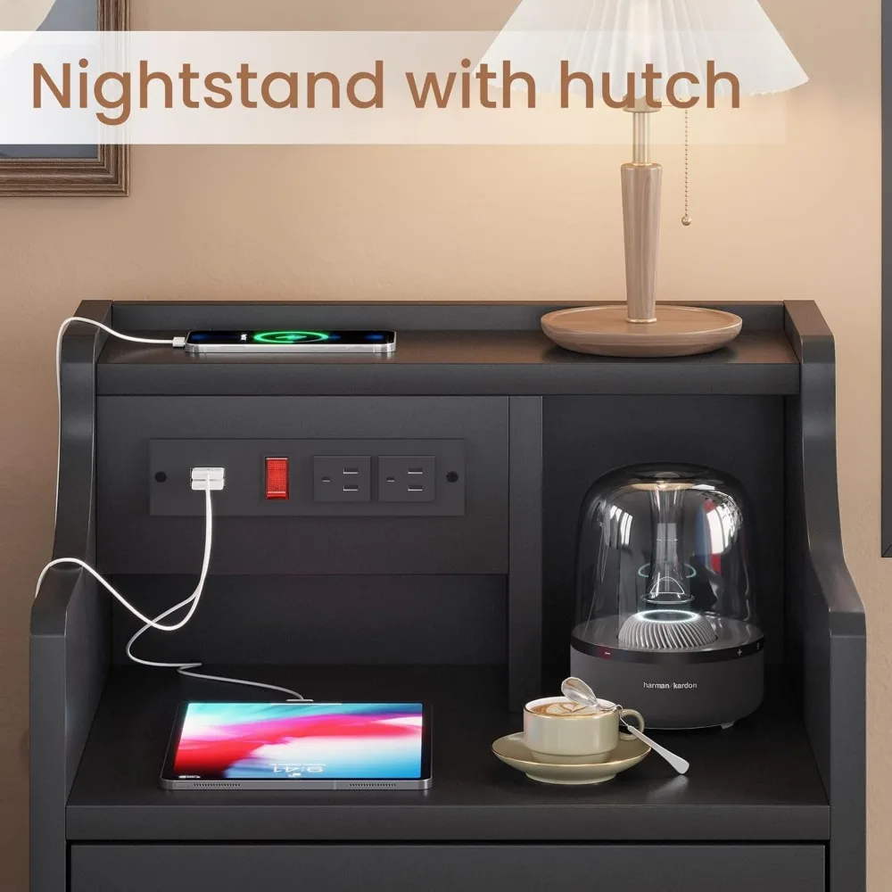 Bedside Table Set of 2 with Charging Station and Storage, Bedroom Bedside Table Set of 2 3