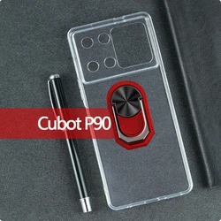 Cubot P90 6.88 Back Finger Ring Soft TPU Silicone Case with Bracket Phone Cover for Case & Holder (Transparent C Red)