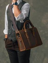 High Quality New Men's Retro Trendy 13-Inch Cow Leather Computer Bag Niche Crazy Horse Portable Briefcase