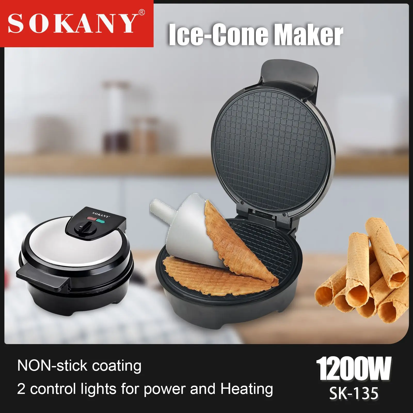Electric Waffle Cone and Sandwich Maker SOKANY135 DIY Egg Roll Ice Cream Cone Maker for Home Use