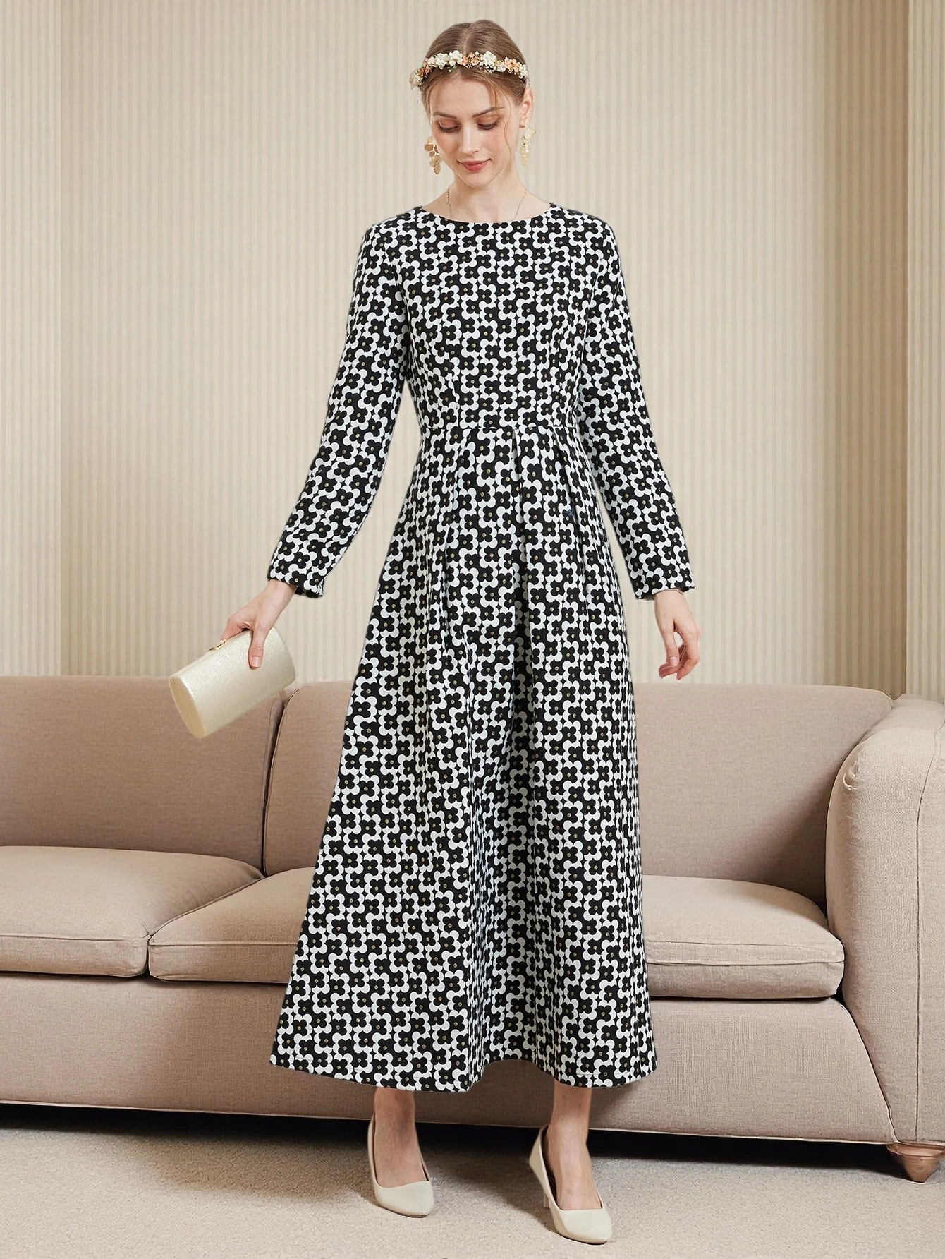 DEVCHATA Luxus Frauen Vintage Gold Faden Jacquard Langarm Kleid Mode Frühling Herbst Floral Damen Party kleider Kleidung – Detail 11
