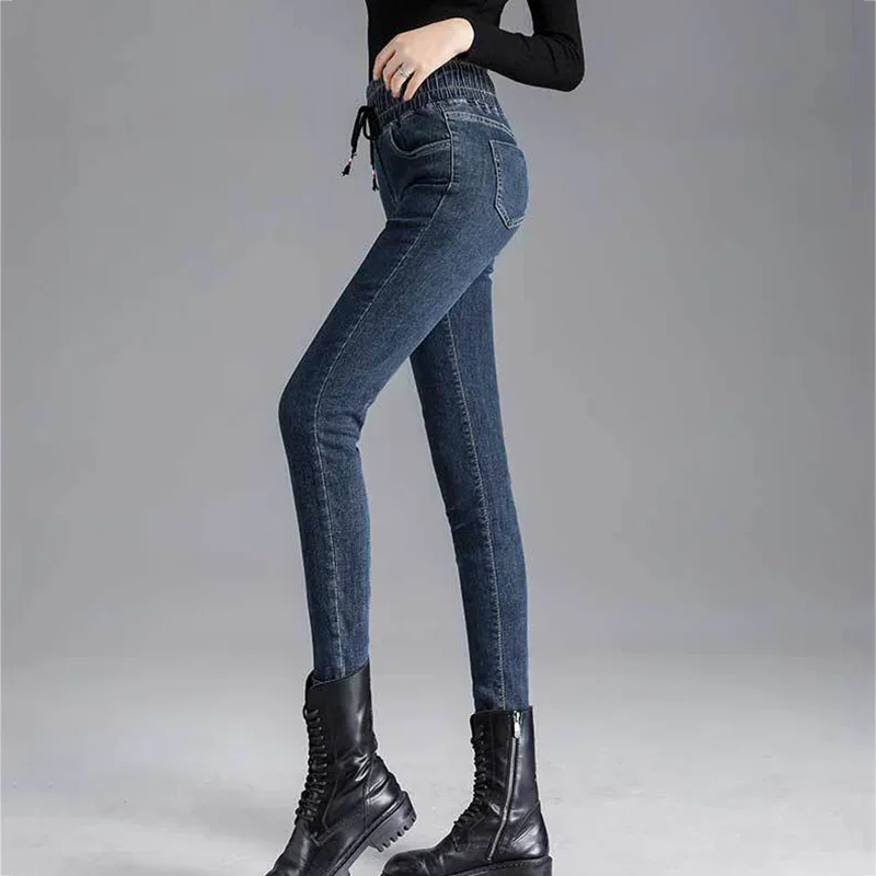 Black Grey Pencil Pantalones De Mujer Vintage High Elastic Waist Skinny Jeans Women Plus Size Ladies Drawstring Slim Denim Pants