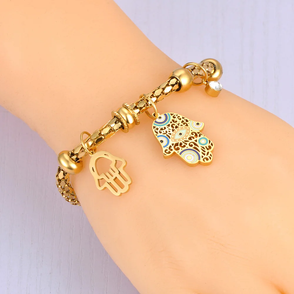316L Stainless Steel Fatima Hand Charm Bangle Bracelet for Women B23088