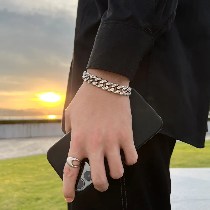 Full Crystal Stone Cuban Chain Hip Hop Bracelet For Men Silver Color Metal Link Chain Rhinestone Luck Closure Mens Bracelet - Image 2