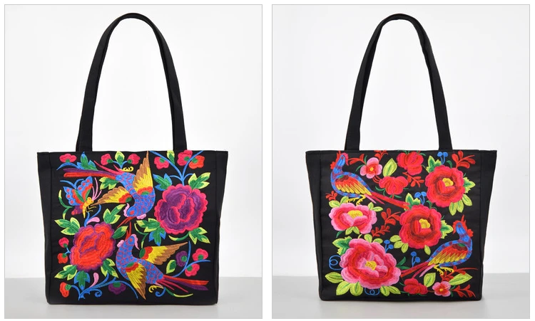 Ethnic Style Flower Embroidery Canvas Tote Shoulder Bag Large Capacity Handbag For Women - Image 9