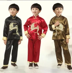 New Chinese Traditional Clothing Children Satin Suit Kids Embroidery Dragon Kung Fu Tang Costume New Year Party Birthday Clothes