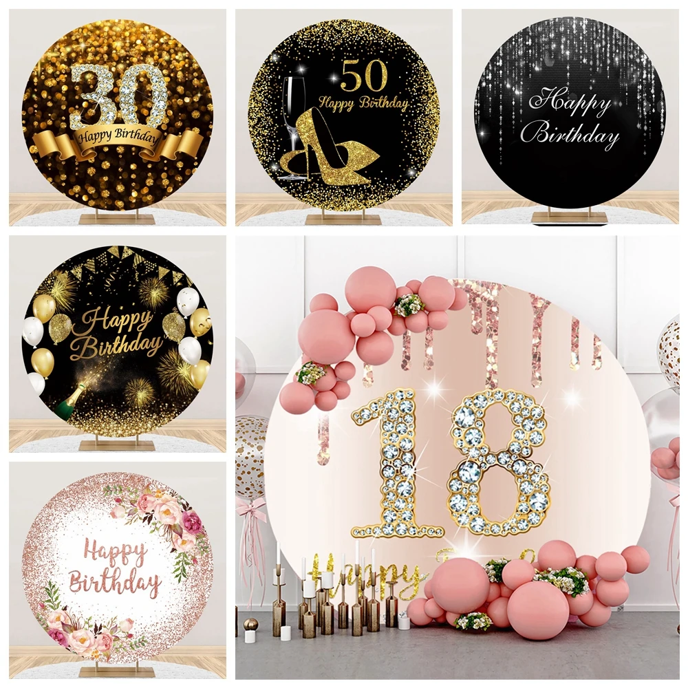 Happy Birthday photo backdrop Round Gold Black Glitter Balloons High Heels for Party Photography