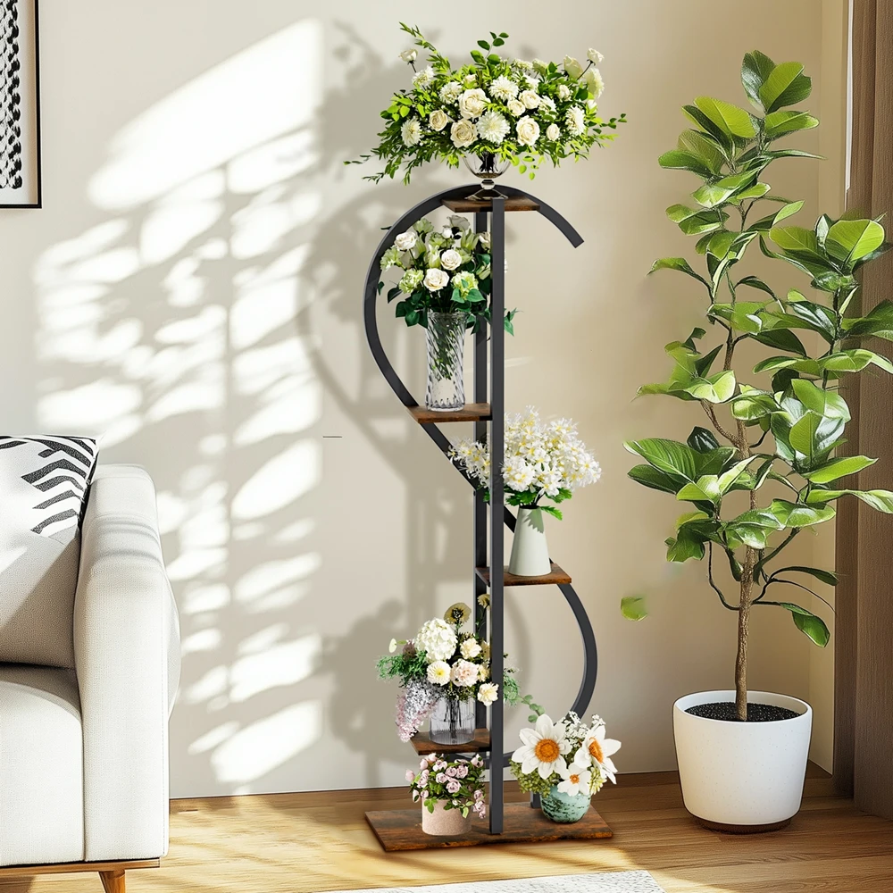 Multi Tiers Metal Tall Plant Rack S-Shaped Corner Flower Pot Display Stand for Indoor Outdoor