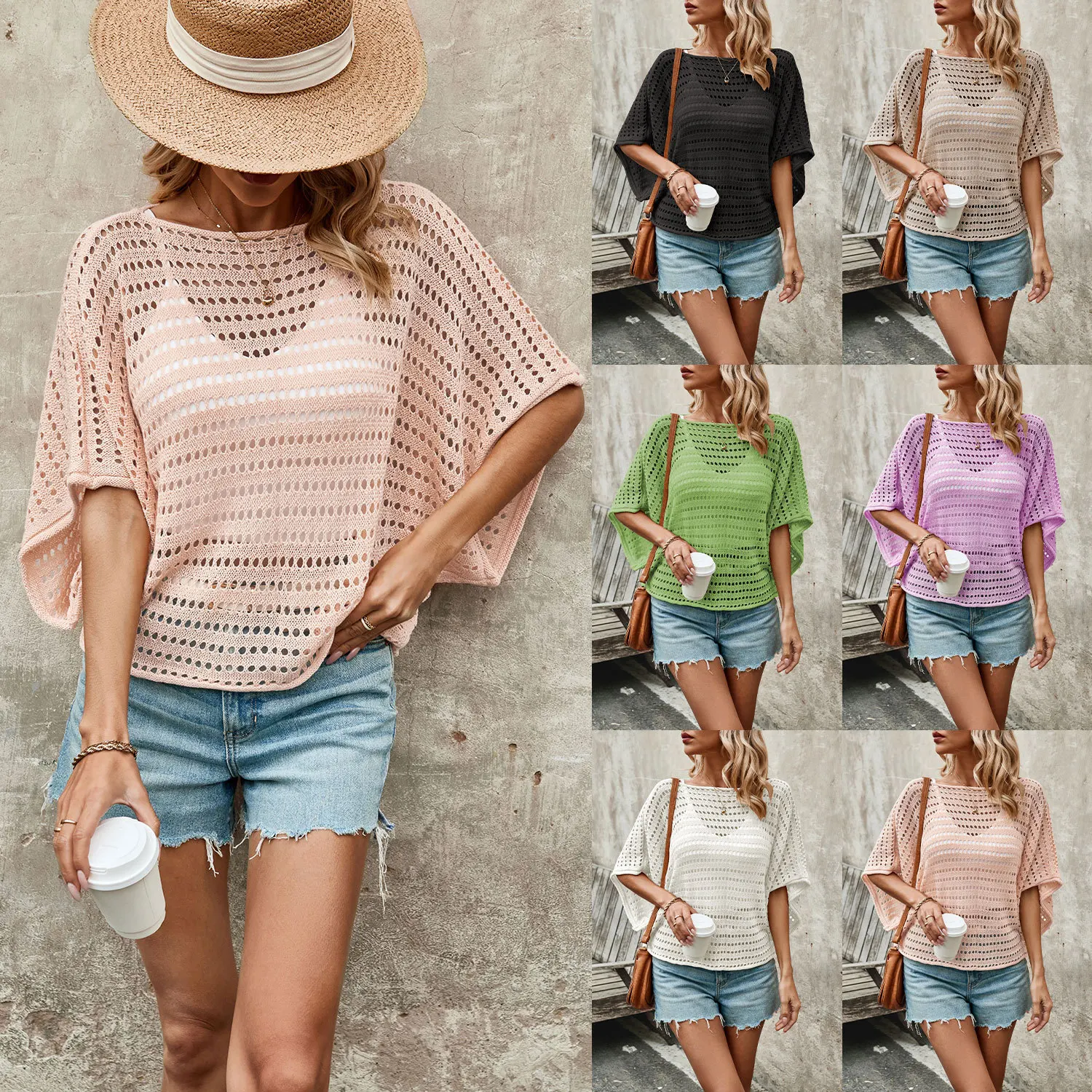 

2024 Spring/Summer Round Neck New Pullover with Hollow Fashion Short Sleeve Spliced Women's Knitwear