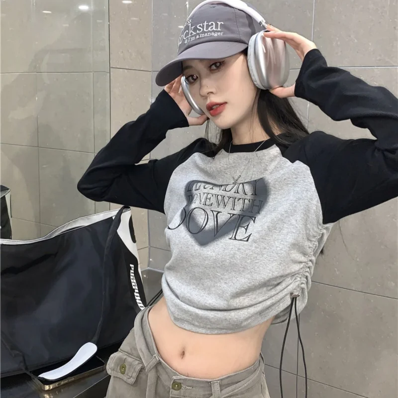 

HOUZHOU Y2k Crop Top Vintage Long Sleeve Cropped Tshirts Women Korean Fashion Aesthetic Kpop Patchwork Tees Harajuku T-shirts