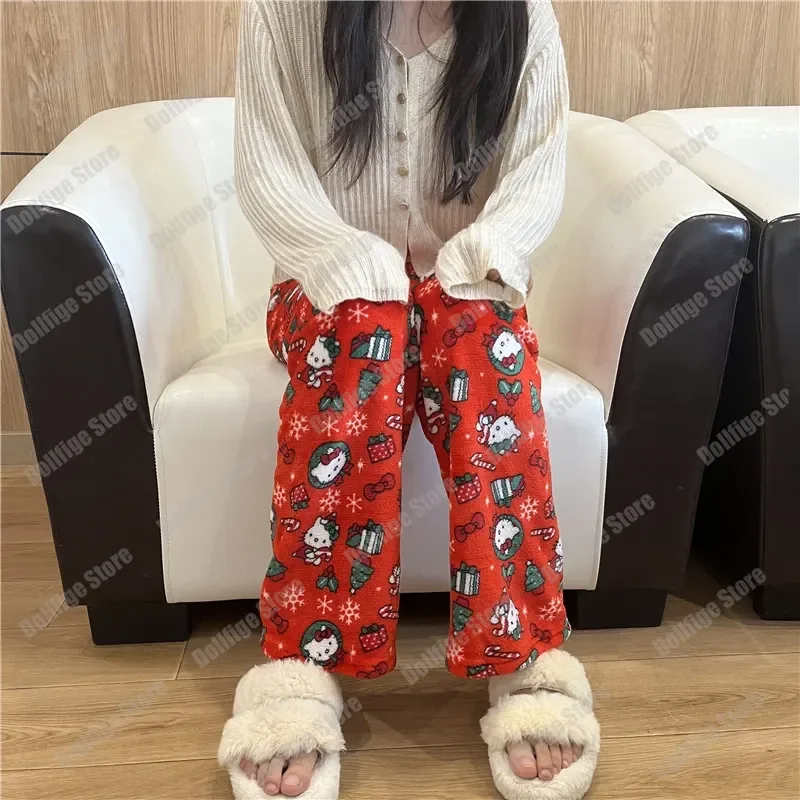 

New Sanrio Hello Kitty Pajamas Christmas Women'S Warm Woolen Cartoon Casual Home Flannel Pants In Autumn Winter Fashion Trouser