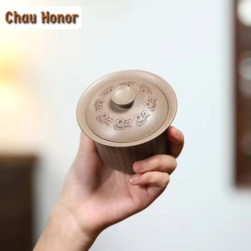 200ml Hand Painted Yixing Purple Clay Gaiwan Raw Ore Cinerous Section Mud Cup Saucer Tea Tureen Tea Maker Cover Bowl Ornaments