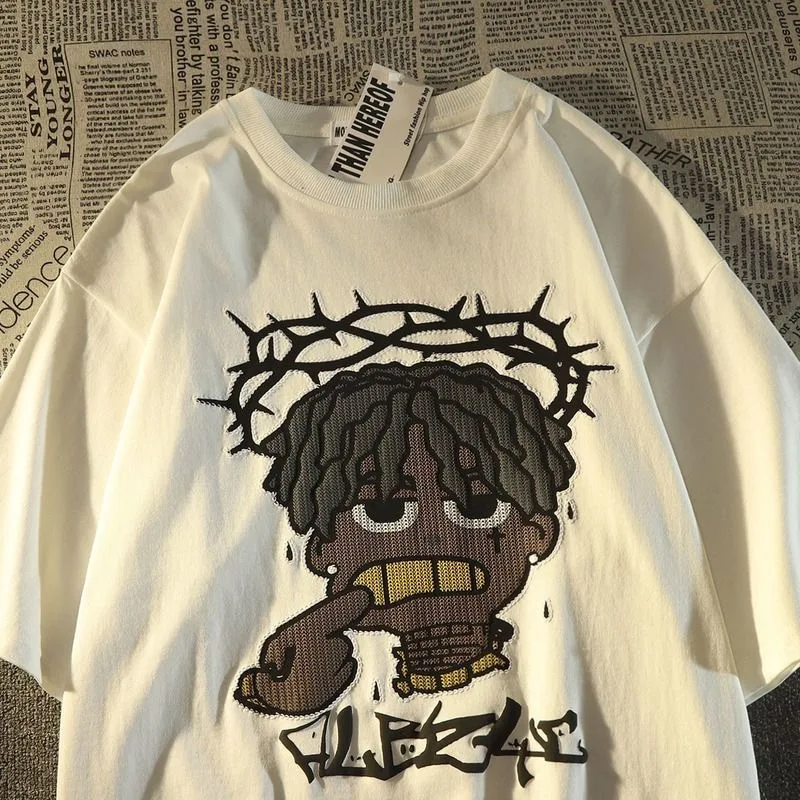

100% cotton American hip hop brand portrait short sleeve T-shirt men's summer ins loose versatile high street half sleeve top