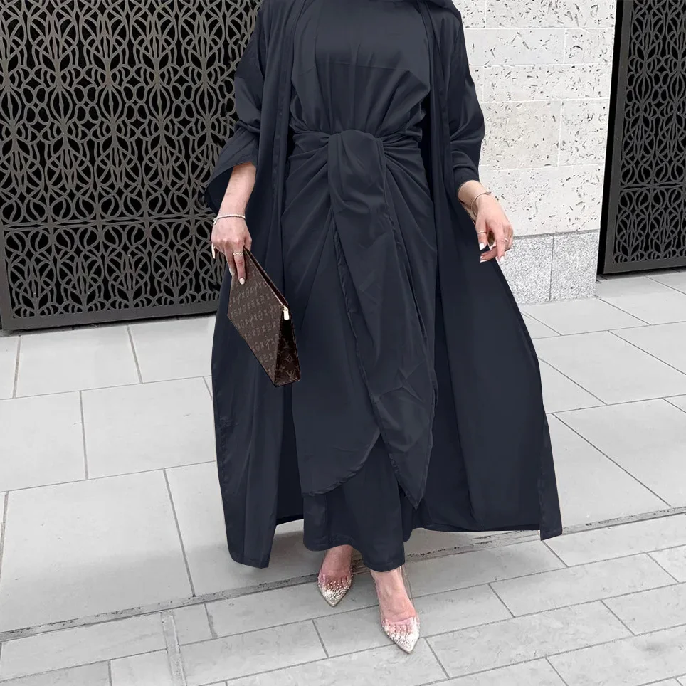 3 Piece Satin Abaya Kimono Muslim Sets Abayas for Women Dubai Turkey Hijab Dress Wrap Skirt Islamic Outfit Ensembles Musulmans