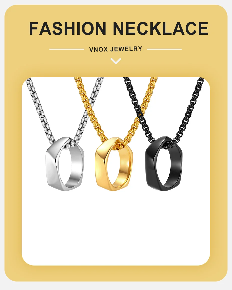 Vnox Größe 7-12 Fünfeckiger Ring-Anhänger Halskette, Schwarz Gold Silberfarben Edelstahl Kastenkette, Geburtstagsgeschenke für Männer – Detail 2