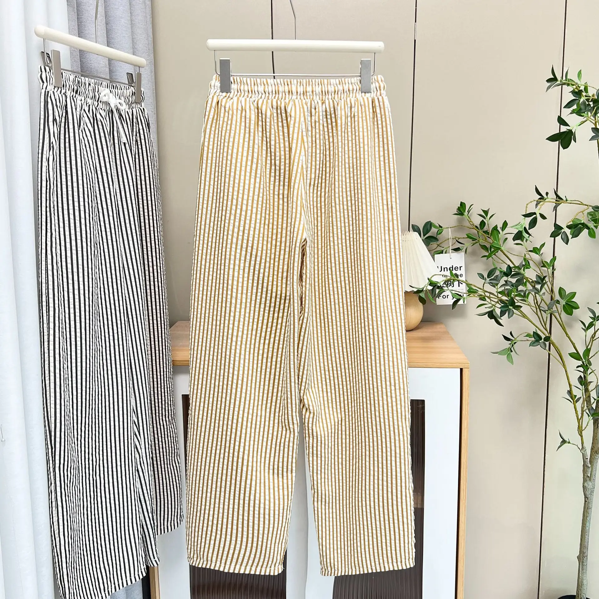 Fashion Plus Size Women's Straight Pants Autumn New Style Casual Loose Washed Striped Full Length Trousers 1701