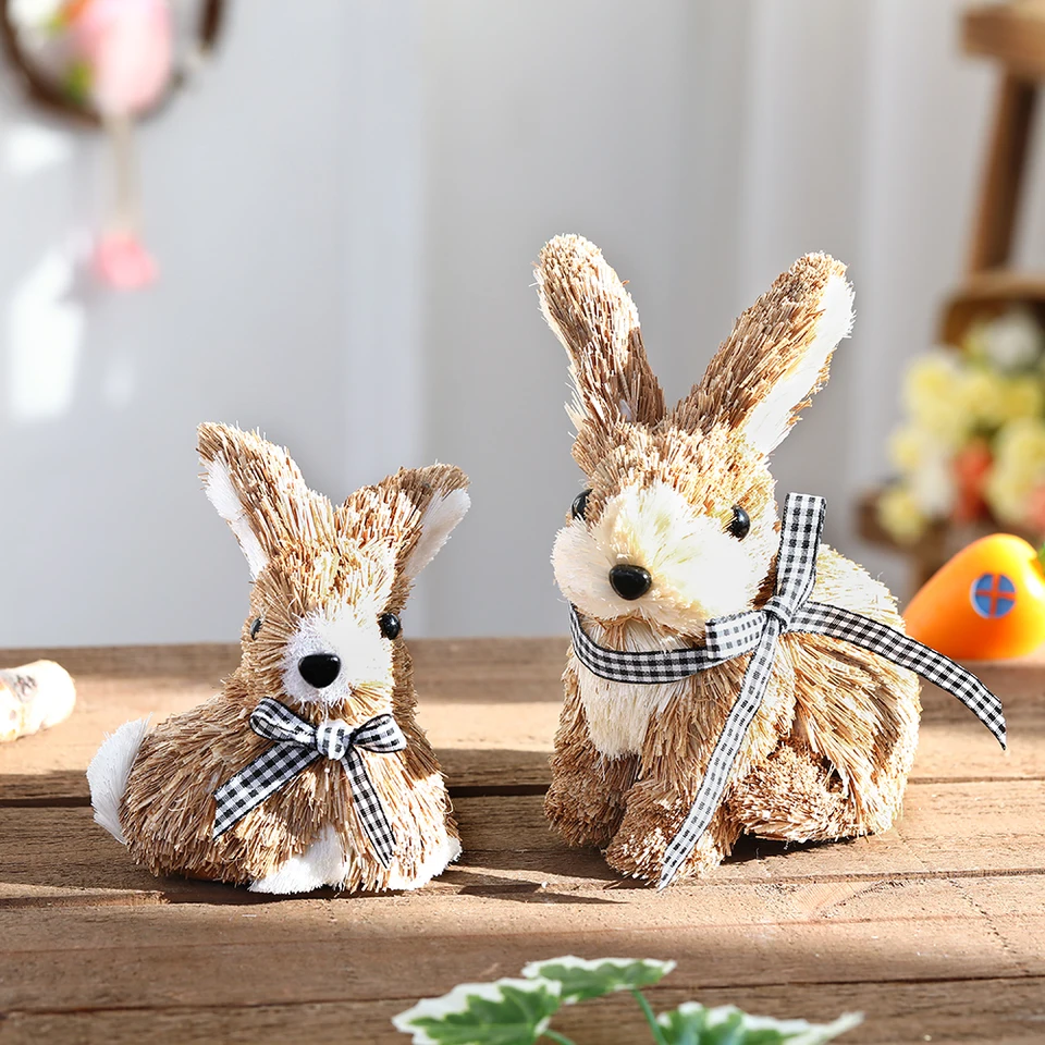 Coniglietto Pasquale In Paglia Fatto A Mano – Decorazione Rustica Per Tavolo, H 15 Cm