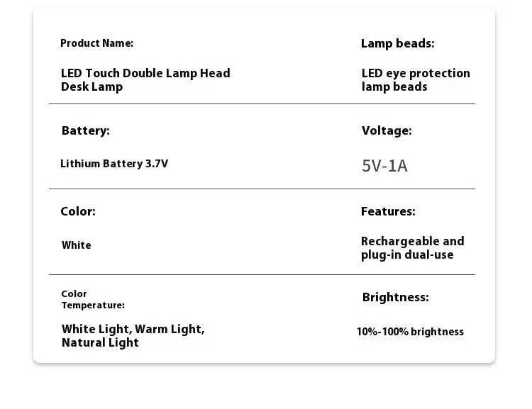 LED double-head desk lamp, 3-level dimmable touch night light, USB rechargeable, eye-protection, foldable bedside reading desk